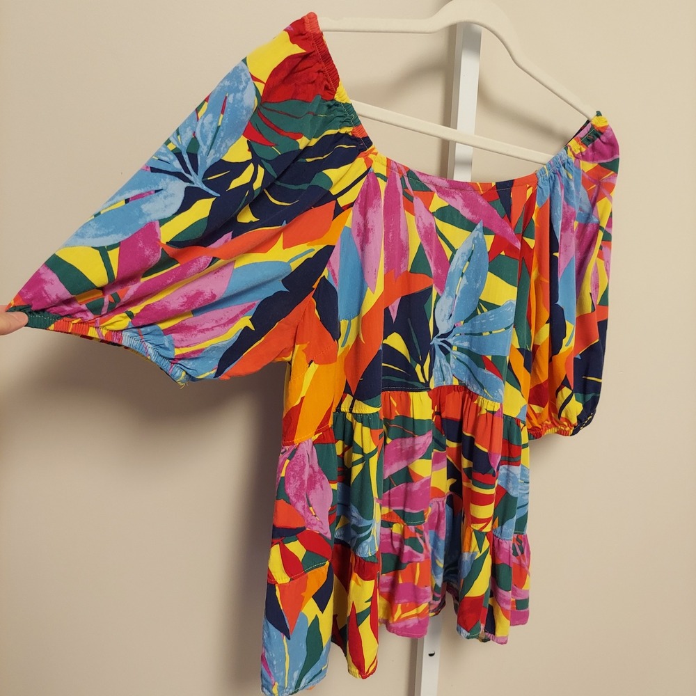 Terra‎ & Sky 1X Tropical Puff Sleeve Tiered Babydoll Top Multicolor Vacation